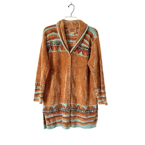 Sweater Sweater Chenille Cardigan Sweater Western Boho Navajo Tan Turquoise - Picture 1 of 9